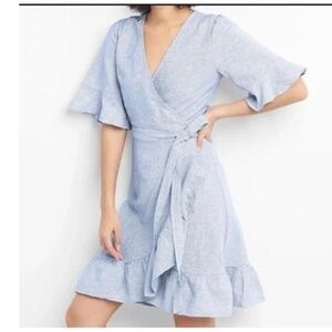 GAP Womens XL Light Blue Pinstripe Wrap Ruffle Tie Waist Dress Casual Linen